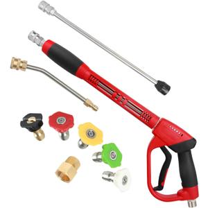 Upgraded Pressure Washer Gun with Extension Replacement Wand, M22 Fitting,7 Inch 30 Degree Curved Rod, 5 Nozzle Tips, 5000 PSI, 47 Inch (Black and Red)