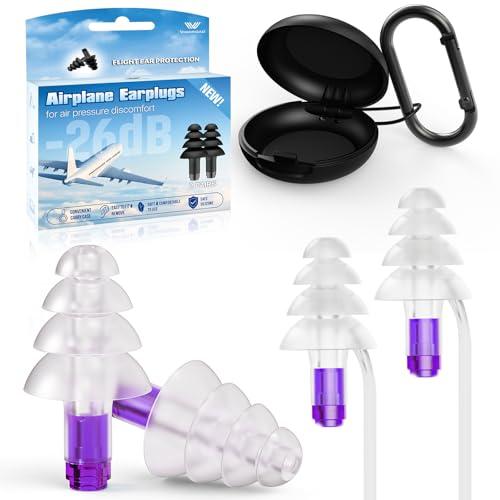 Ear Plugs for Airplane Pressure Relief, 2 Pairs Kids 6+, Adults/Small Canal Reusable Airplane Earplugs 26dB, with Silicone Connector Cord, Travel Essentials for Flying, Ear Protection Earplugs