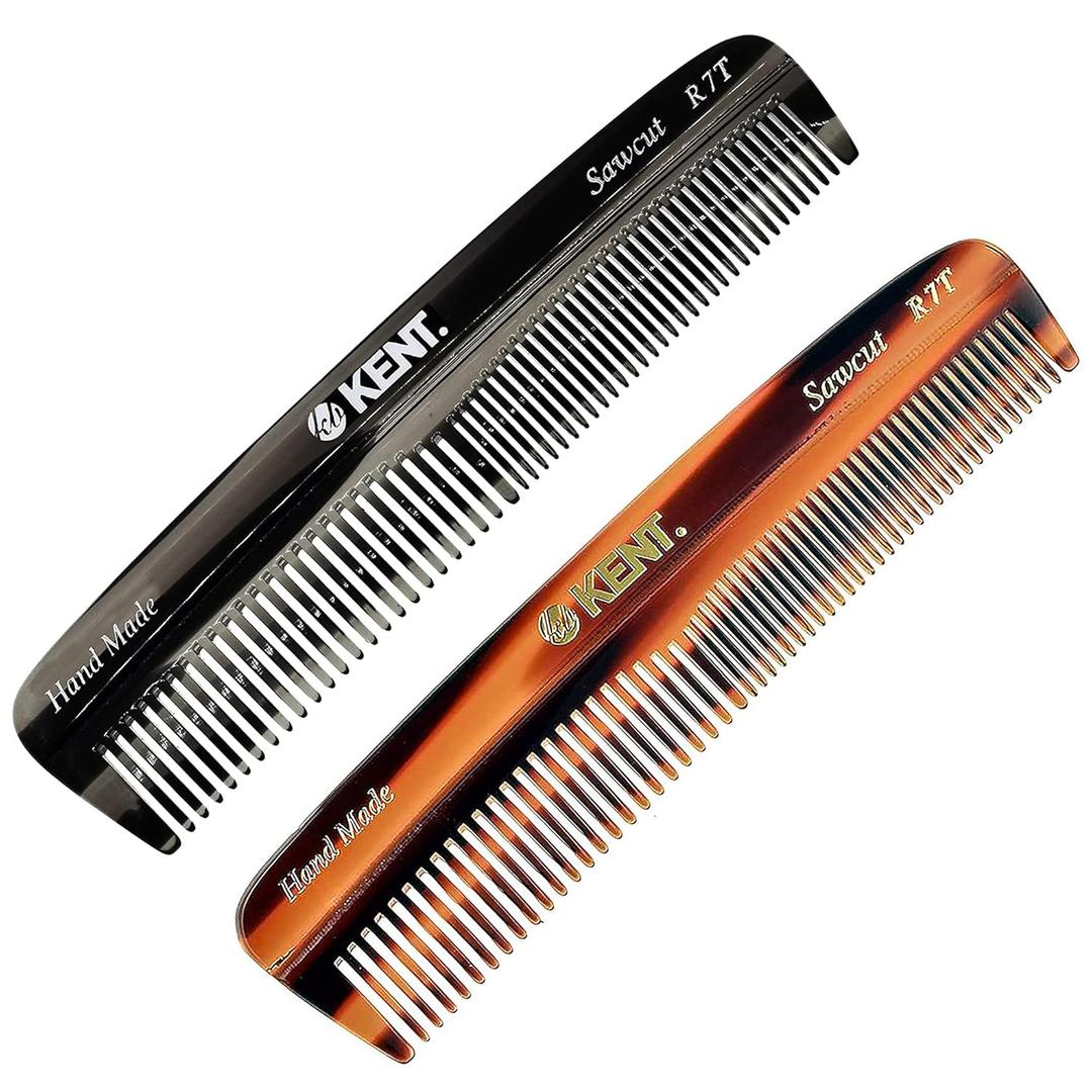 Kent R7T Fine and Wide Tooth Hair Comb, Handmade Pocket Comb for Men, Best Beard and Mustache Comb for Everyday Grooming and Styling, Sawcut, Made in England (2 Pack)