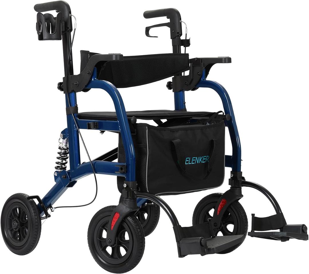 ELENKER Rollator Walker Transport Wheelchair Combo with Shock Absorber, 2 in 1 Rolling Walker with Seat, All Terrain Wheels for Seniors, Blue