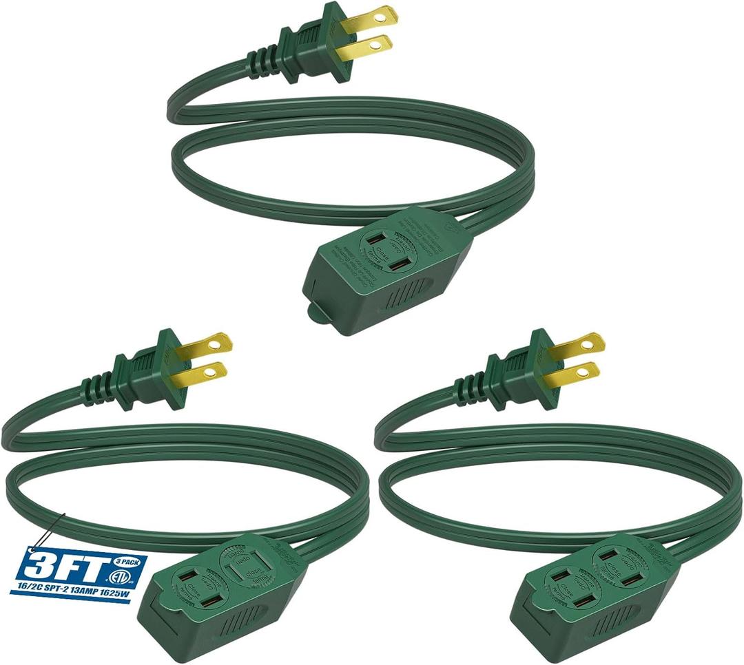 DEWENWILS 3-Pack 3 Ft Extension Cord, 16 AWG with Multiple Outlets, 2 Prong for Home Office Garage, Rotate-to-Lock Safety Cover, ETL Listed, Green