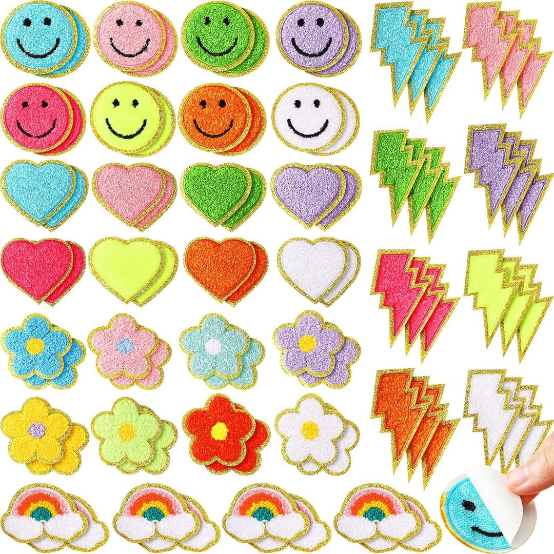 Hanaive 80 Pcs Chenille Letter Patches Self Adhesive Iron on Patch 3D Cute Embroidered Rainbow Smile Face Heart Applique Sewing Badges Patch for Fabric Clothing Jacket DIY(Assorted Rainbow,Cute)