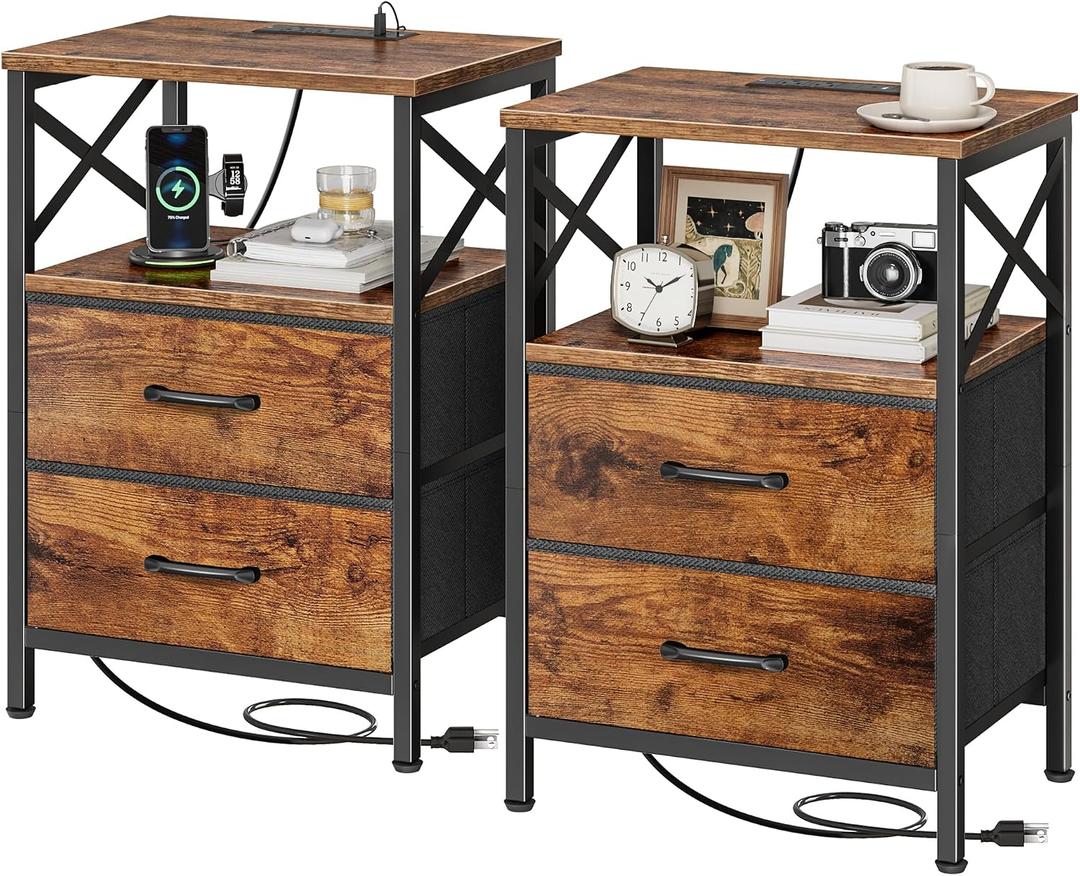 Huuger Nightstands Set of 2, Night Stand with Charger Station, 2 Drawer Side Table with Open Shelf, USB-C Port, End Table for Small Spaces, X Shaped Side Rail, Rustic Brown, 15.75 inches x 11.81 inches x 23.6 inches