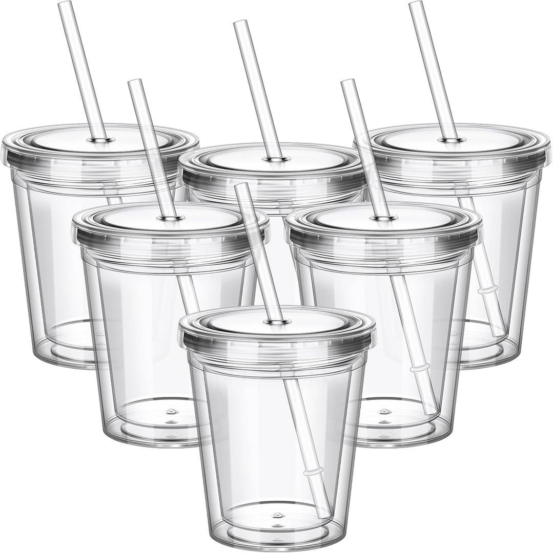 6 Pcs Clear Tumblers with Lid and Straw for Kids, 12 oz Insulated Acrylic Double Wall Cups Toddlers Reusable Plastic Cup Kids Bulk (Clear Lid)