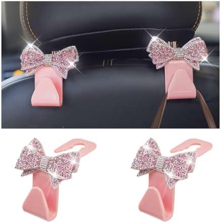 Zpana Bling Car Headreat Hook, 2PCS Crystal Rhinestone Cute Bow Vehicle Seat Back Hanger Storage for Purses Bags Grocery, Diamond Auto Rear Seat Organizer, Universal for SUV Truck Sedan (Pink)