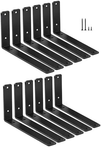 12 Pack - L 10" x H 6" x W1.5, 5mm Thick Black L Shelf Bracket, Iron Shelf Brackets, Metal Shelf Brackets, Floating Shelf, Shelf Supports with Screws