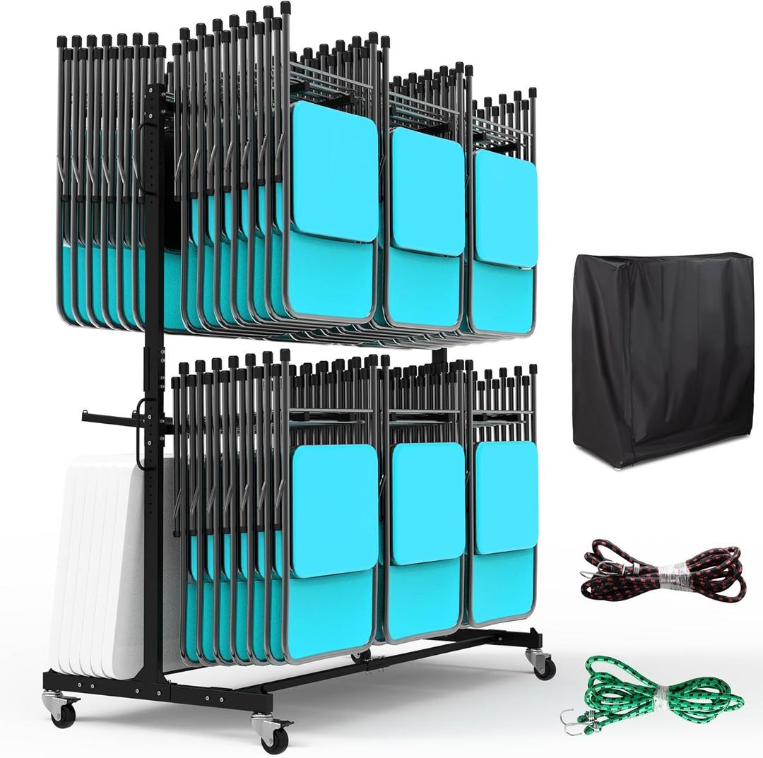 Folding Chair Rack, Heavy-Duty Folding Chair Cart with Swivel Wheels, Holds 12 Tables or 84 Chairs, Up to 1000 LBS Capacity, 2 Binding Ropes, Dust Cover, 72L x 33W x74H, Black