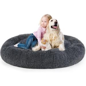 Dog Bed, Cat Calming Bed, Faux Fur Pillow Pet Donut Cuddler Round Plush Bed for Large Medium Small Dogs and Cats (Dark Grey, 49.0" L x 38.0" W x 7.0" Th)