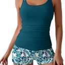 Eomenie Women's Swimsuit Tankini Set Modest Tummy Control Slimming Bathing Suits Two Piece Swim Suit with High Waisted Short, Medium, Peacock Blue