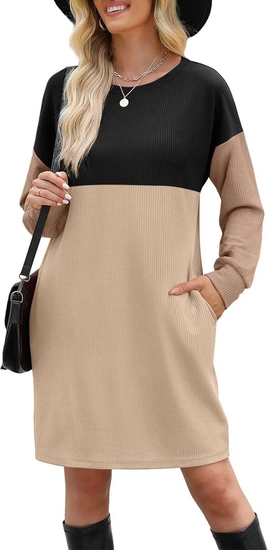 WIHOLL Womens Long Sleeve Dress Loose Fit Casual Crewneck Flowy Mini Dresses with Pockets Fall Fashion (M)