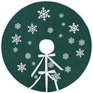 MACTING Christmas Burlap Tree Skirt, 30 inches Small Tree Mat with White Snowflake Printed for Xmas Holiday Home Indoor Outdoor Decorations (Dark Green)