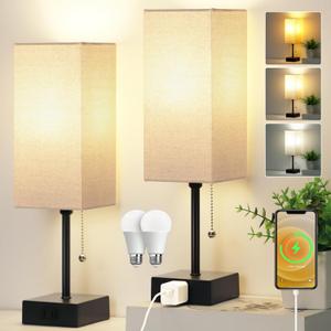 15'' Table Lamp for Bedroom Set of 2,3-Color Bedside Lamps with Pull Chain Table Lamps for Night stands with AC Outlet,Small Night Light Lamps with 2 Bulbs Lamps for Living Room Kids Room Office Decor