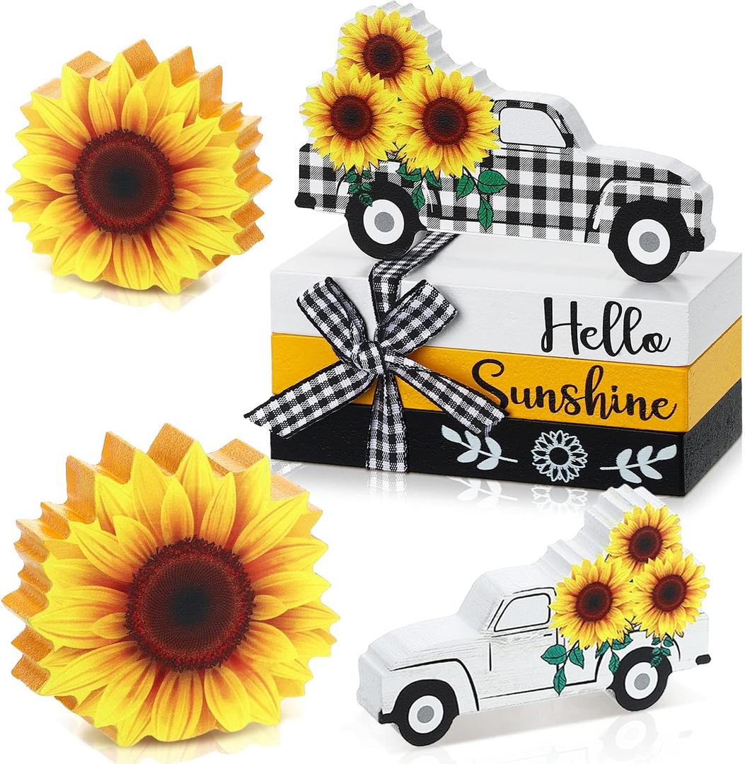 Yalikop 5 PC Sunflower Table Decor Summer Tiered Tray Decor Sunflower Tabletop Centerpieces Hello Sunshine Yellow Wooden Truck Sign Decorative Book Stack with Twine for Home Kitchen Shelf Office Desk