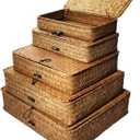 5 Pcs Seagrass Basket with Lid 5 Sizes Decorative Storage Boxes Rattan Wicker Storage Basket with Lids Woven Organizer Baskets Multipurpose Flat Storage Bins for Shelf Closet Bedroom (Brown)