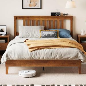 LINSY Wood Full Size Bed Frame, Solid Wood Platform Bed Frame Full with headboard, Wooden Bed with Wood Slat Support, No Box Spring Needed, Walnut