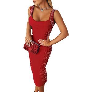 Womens Sexy Elegant Rhinestone Square Neck Sleeveless Bodycon Midi Dress Cocktail Party Club Night Out Dress (Red, XL)