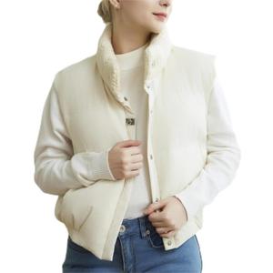 Women's Winter Outerwear Vests Crop Puffer Vest Lightweight Sleeveless Padded High Stand Collar Jacket (White, L)