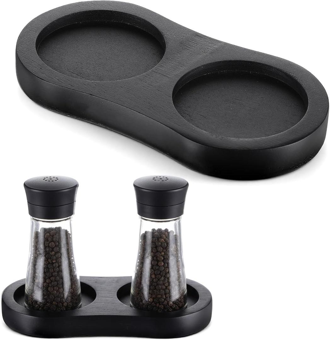 Salt and Pepper Tray, Salt and Pepper Holder, Olive Wood Tray, Fit Many Mills & Shakers, Grinder Accessories (Black)