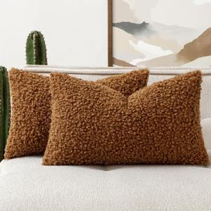Woaboy Faux Fur Throw Pillow Covers 20x12 Inch Set of 2 Boucle Neutral Decorative Lumbar Sherpa Fuzzy Accent Soft Sheepskin Fleece Cushions Modern Home Fall Decor for Couch Bedroom Living Room,Brown