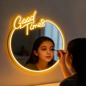 Neonawall Good Times Neon Sign Mirror, Retro Dimmable Circle Wall Decor with Warm White Light, USB Powered Acrylic Mirror for Bedroom, Living Room