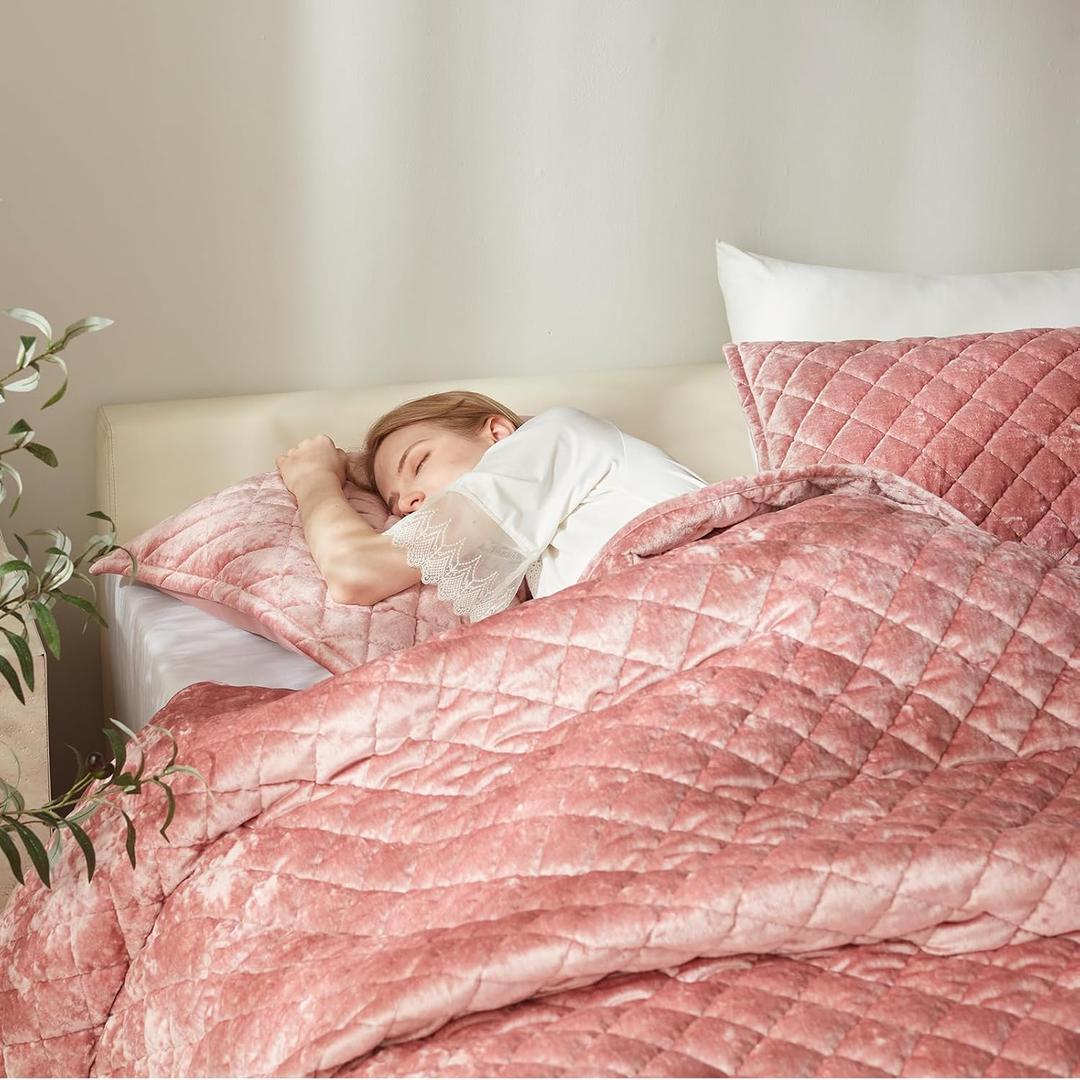 Cosybay Velvet Quilt Set Queen 3pcs Box Stitch Oversized Bedspread Coverlet, Full/Queen