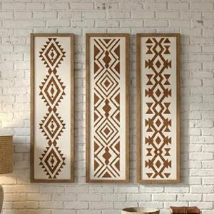 X DELUXE Minimalist Aztec Wood Wall Decor Set of 3 Geometric Scandinavian Boho Hanging Panels for Living Room Bedroom Hallway Office Modern Tribal MDF Wall Art Vertical Decorative Interior Accent, 19.69"L x 4.92"W