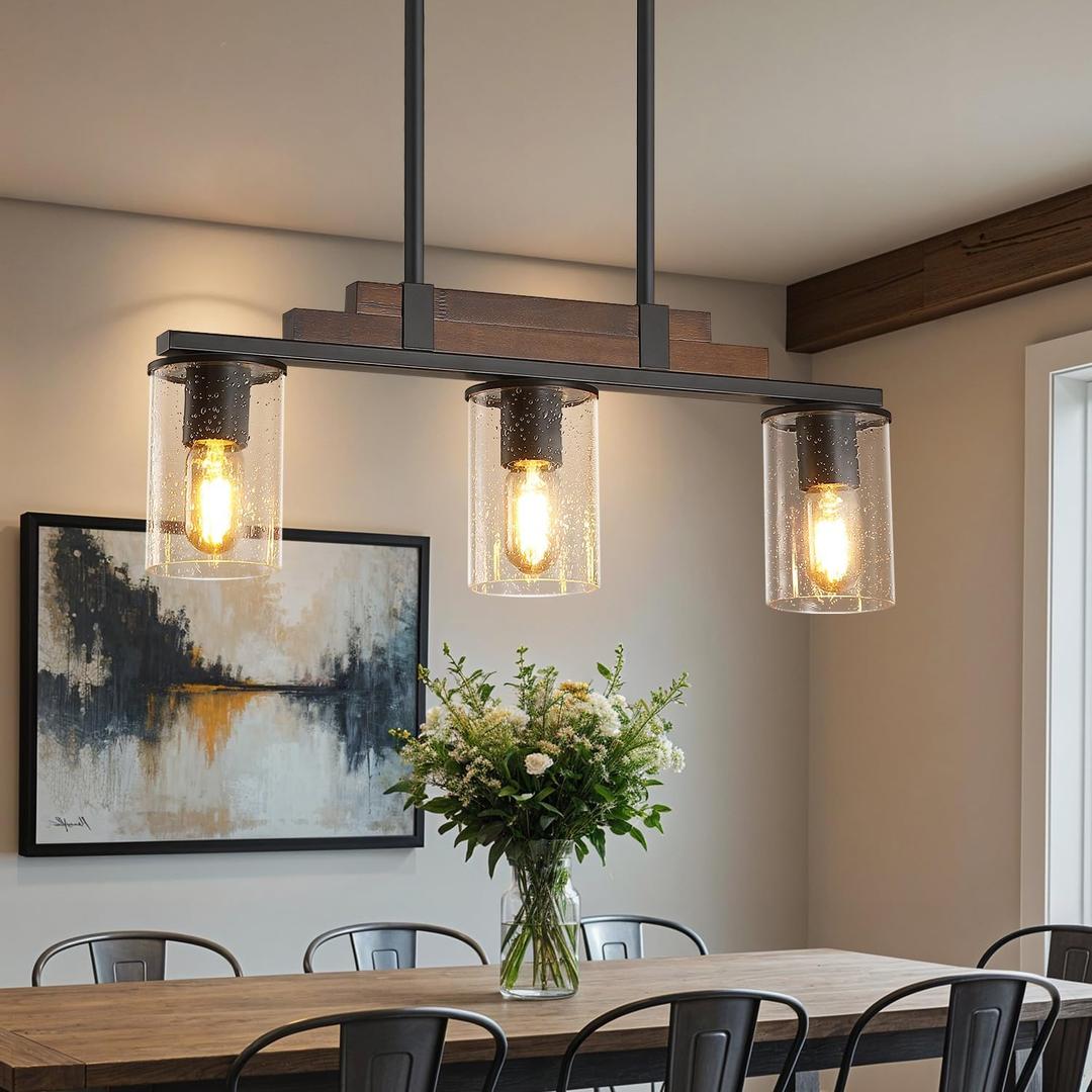 Farmhouse Wood Kitchen Island Lighting, 3-Light Adjustable Chandelier for Dining Room, Seeded Glass Shade Dining Room Light Fixture Over Table, Black Hanging Pendant Lights for Kitchen, Pool Table