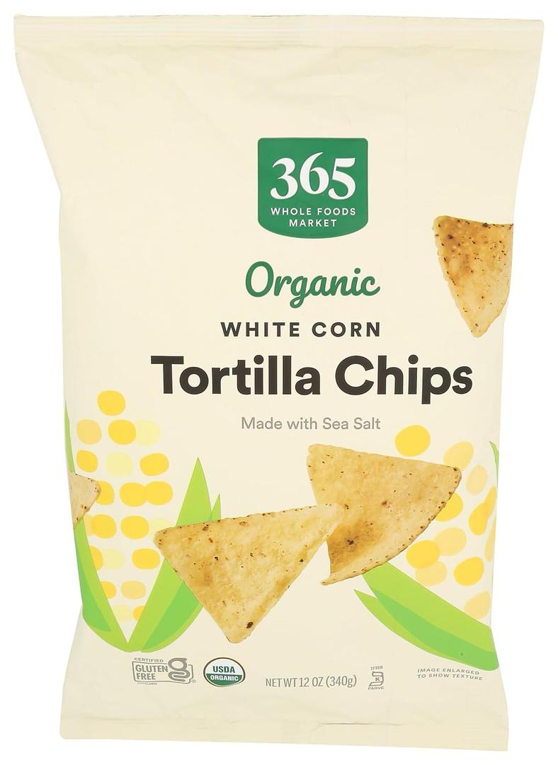 3 x 365 by Whole Foods Market, Organic White Corn Tortilla Chips, 12 Ounce (EXP 10/27/26)
