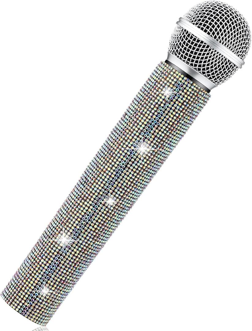 Sanwuta Fake Microphone Prop Sparkly Bling Rhinestones Plastic Play Microphone Pretend Glitter Bedazzled Mic for Cosplay Party Costume(AB Color)