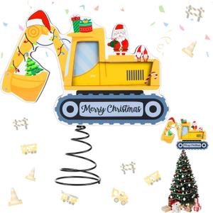 Christmas Construction Tree Topper with LED Light Christmas Excavator Tree top Xmas Vehicle Construction Wooden Ornaments Holiday Treetops Ornament for Kids Xmas Party Tabletop Display Decorations