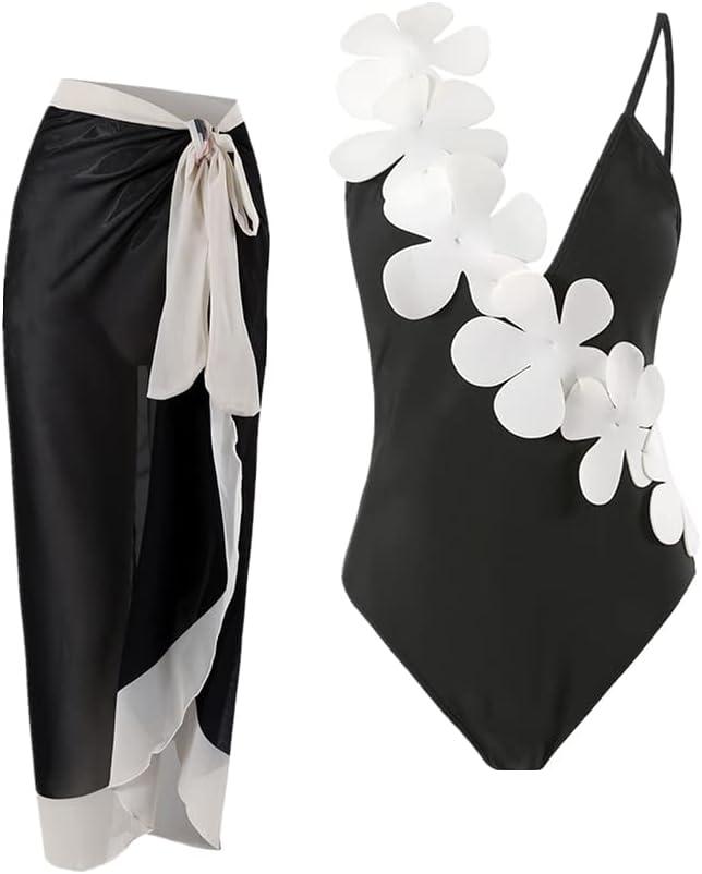 Women's 2 Pieces Sarong Swimsuit Set Sleeveless Floral Print Swimwear with Cover Up Bathing Suits Beachwear (X-Large, Black&white Floral)