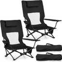 Joyfair 2 Pack Beach Chair Camping Chairs Set(High Back), Heavy Duty Folding Low Lawn Camp Chair for Adults for Outdoor Sport Fishing, Armrest Chair with Portable Bag, Pillow, Cup Holder (Black), 31 inches x 25 inches x 32 inches