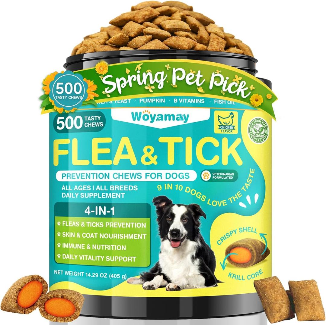 4-IN-1 Flea and Tick Prevention for Dogs, 500 Crunchy Dog Flea Chews, Dog Flea Treatment, Natural Oral Flea Treatment for Dogs, Daily Support for Flea, Skin & Coat, Gut, Immune, Chicken Flavor, BB Date 10 Oct 2027
