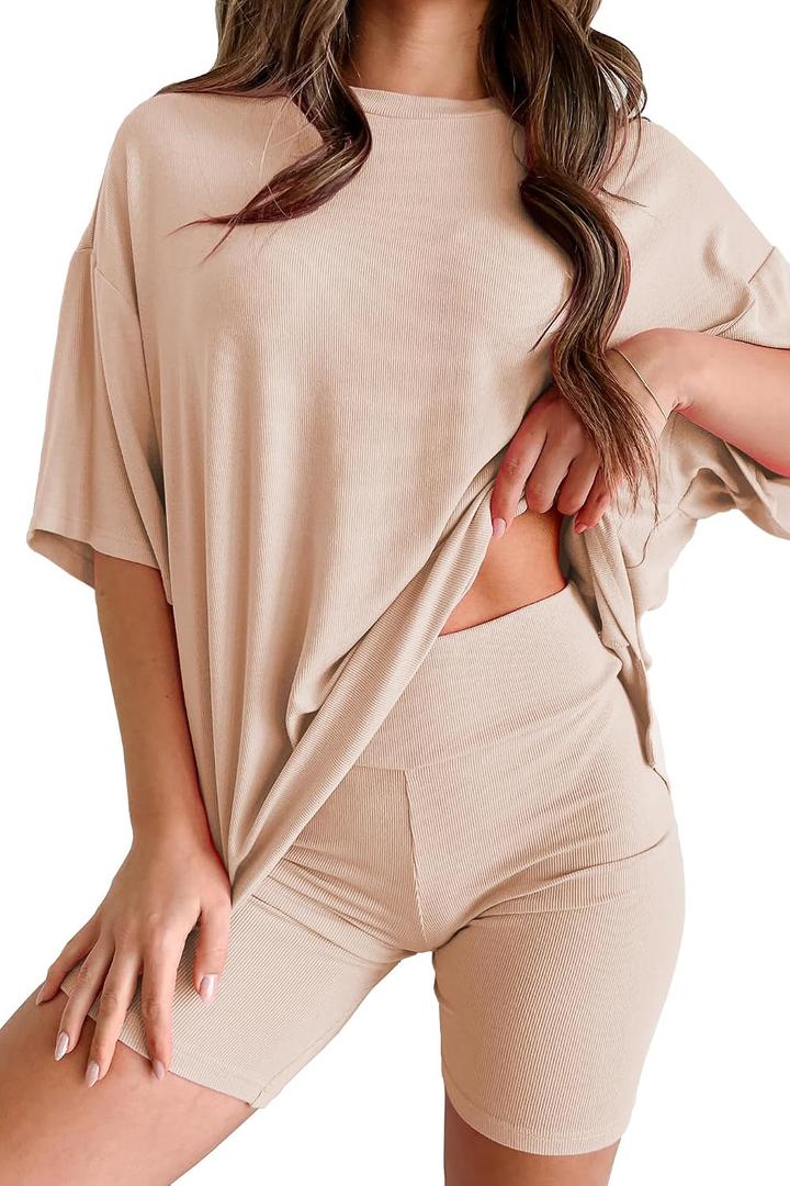 Womens 2 Piece Lounge Set 2026 Summer Travel Outfit Casual Short Sleeve Oversized Tshirts & Biker Shorts (Beige, S)