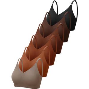 Bencailor 6 Pcs V Neck Bralettes Padded Seamless Bra for Women Wireless Cami Sports with Adjustable Straps (XX-Large, Black, Brown, Dark Brown, Caramel Color, Light Caramel, Milk Coffee Color)
