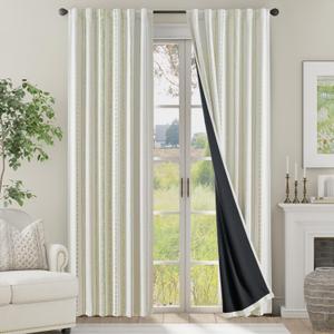 Jinchan 100% Blackout Curtains 84 Inches Long for Bedroom, Boho Insulated Curtains Sage Green Printed on Beige Geometric Drapes Back Tab Rod Pocket Room Darkening Retro Farmhouse Pattern 2 Panels