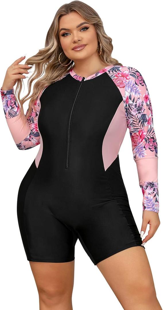 IDOPIP Plus Size One Piece Swimsuit for Women Tummy Control Bathing Suit Sun Protection UPF 50+ Rash Guard Surfing Swimwear (Large, Black + Pink Floral)
