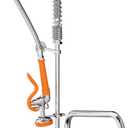 Commercial Kitchen Sink Faucets Wall Mounted Type Brass Constructed Polished Chrome Pre-Rinse Device 43" Height 8" Adjustable Center with Coilded Spring Pull Down Sprayer and 12" Add-on Spout