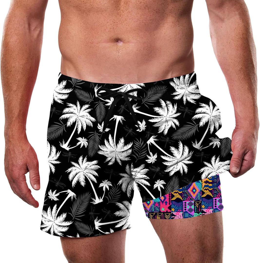 Cozople Men's Swim Trunks with Compression Liner 5.5" Inseam Quick Dry Bathing Suit Boxer Brief Lined Swim Shorts Swimwear (XL, Hawaiian National)