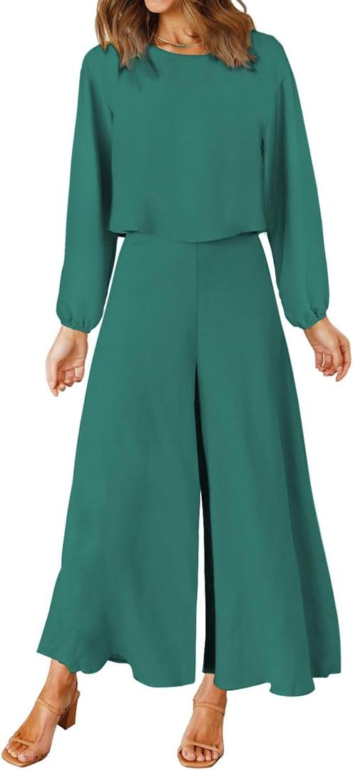 ROYLAMP Women's Summer 2 Piece Outfits Round Neck Crop Basic Top Cropped Wide Leg Pants Set Jumpsuits, XXL