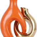 Orange and Gold Ceramic Hollow Vases Set of 2 - Mid Century Modern Donut Decorative Flower Vase, Boho Gold Vase for Pampas Grass and Wedding Dining Table Decor Centerpieces