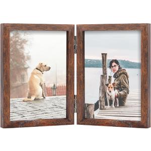 FOREV 3.5x5 Double Picture Frame Wooden Hinged Photo Frame Definition Glass Stand Vertically on Desktop or Tabletop Rustic Wood