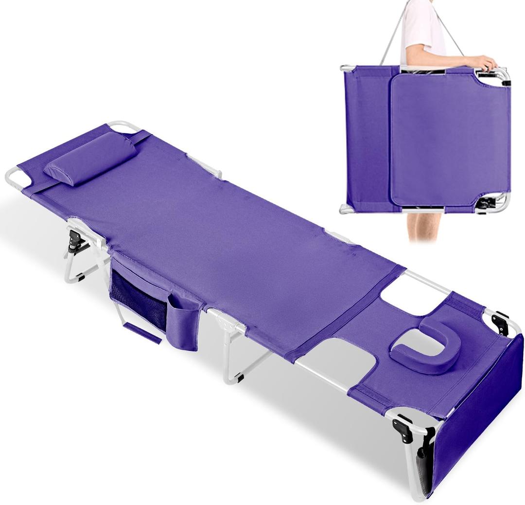 Tanning Chair with Face Hole, Adjustable Folding Chaise Lounge Chairs for Outside with Detachable Pillow & PocketPortable flat beach chairs for sunbathing, beach lawns camping (Purple, Standard)