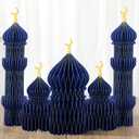 MotiMind 5 PCS Ramadan Party Decorations Ramadan 3D Honeycomb Centerpiece Eid Mubarak Centerpieces Islamic Table Decoration for Home Office Party Supplies (Blue)