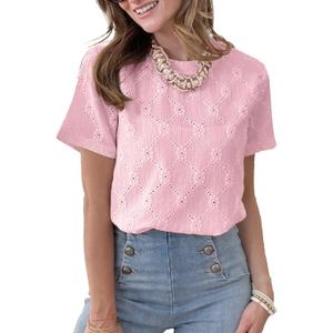 Dokotoo Women's Tops Casual Scoop Neck Short Sleeve Eyelet Embroidered Hollow Out Blouses Shirts (Pink, XL)