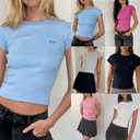 Women Y2K Crop Tops Short Sleeve Ribbed Knit Shirts Cute Bow Embroidery Tee Shirts Teen Girls Slim Fitted Baby Tees (Large, Fuchsia)