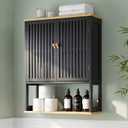 Bathroom Wall Cabinet with Bamboo Doors, 24 x 30 Inch, Black | Above-toilet medicine cabinet with an adjustable shelf, open bottom shelf, and French cleat mount.