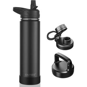 CIVAGO 24 oz Insulated Water Bottle With Straw, Stainless Steel Sports Water Flask Cup with 3 Lids (Straw, Spout and Handle Lid), Double Walled Travel Thermal Canteen Mug, Black