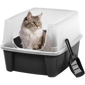 IRIS USA Large Cat Litter Box with Scatter Shield and Scoop, Open Top High Sided Cat Litter Pan, Black