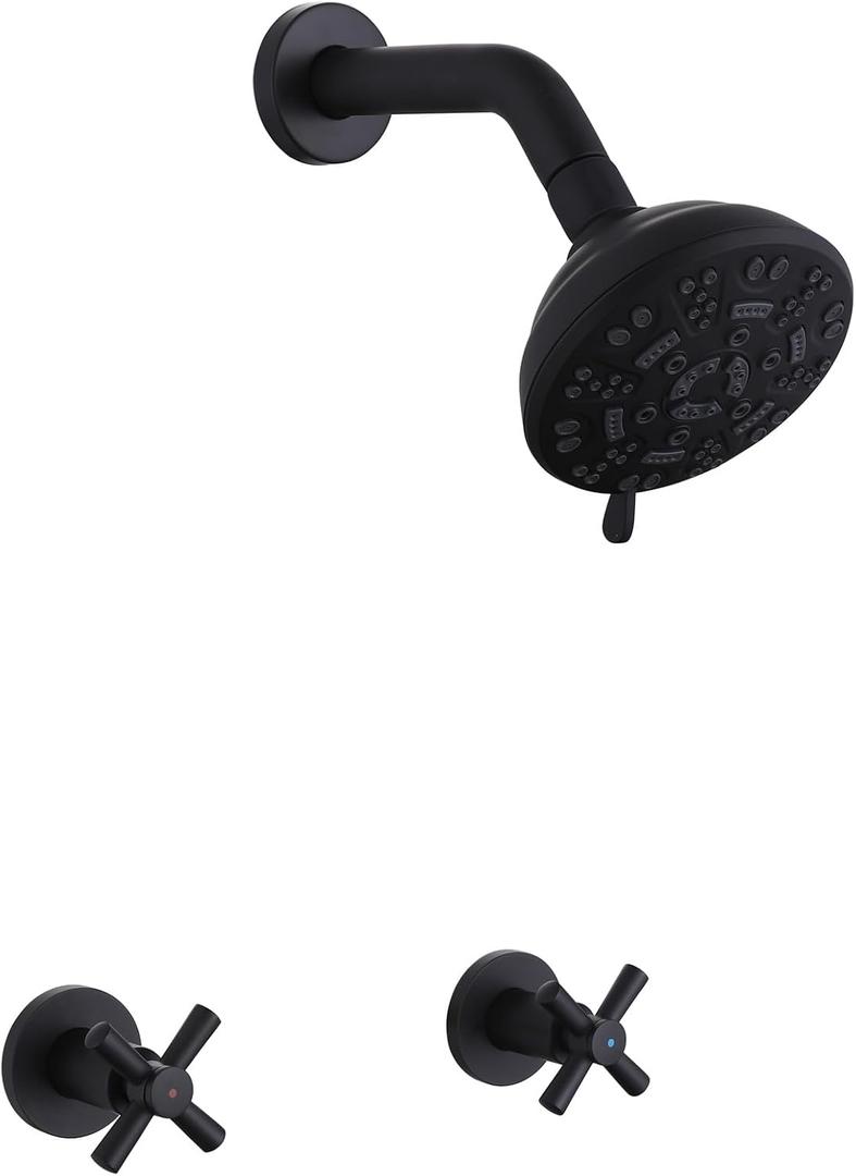 2 Handle Shower Faucet,Wall Mounted Two Handles Shower Faucet Set with 8 Modes Rainfall Shower Head,2 Knobs Single Function Shower Trim Kit with Rough-in Valve,Matte Black